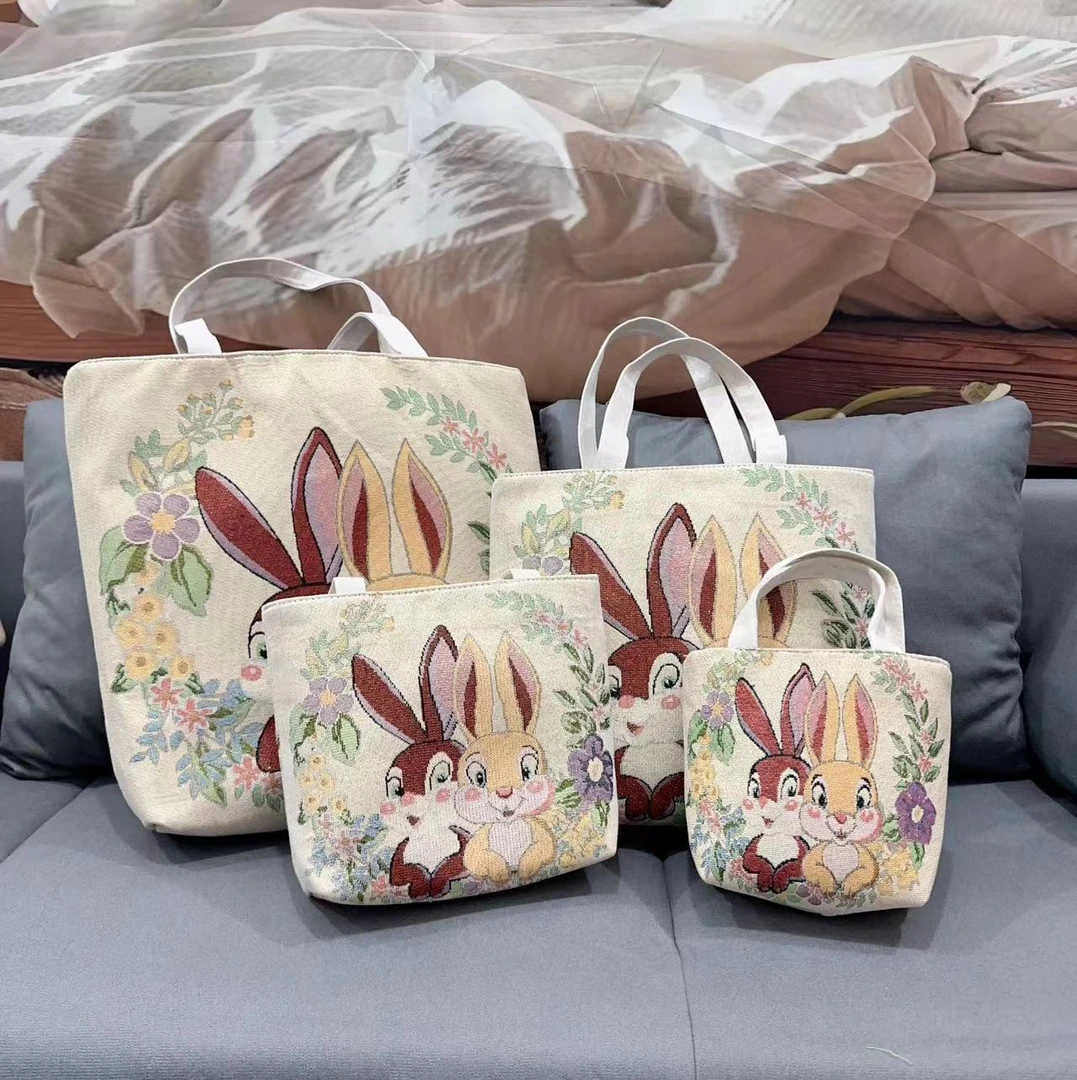 卡通兔子帆布包双面金丝提花刺绣单肩包上班通勤百搭包日常妈咪包