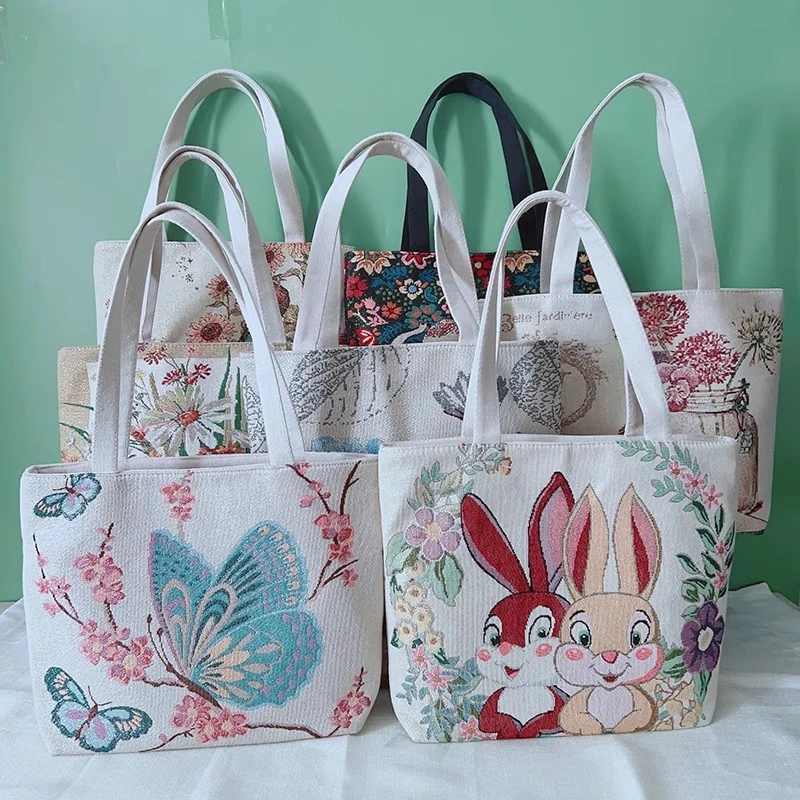 双面金丝手提帆布小包耐磨耐脏时尚百搭款刺绣带拉链手拎外出