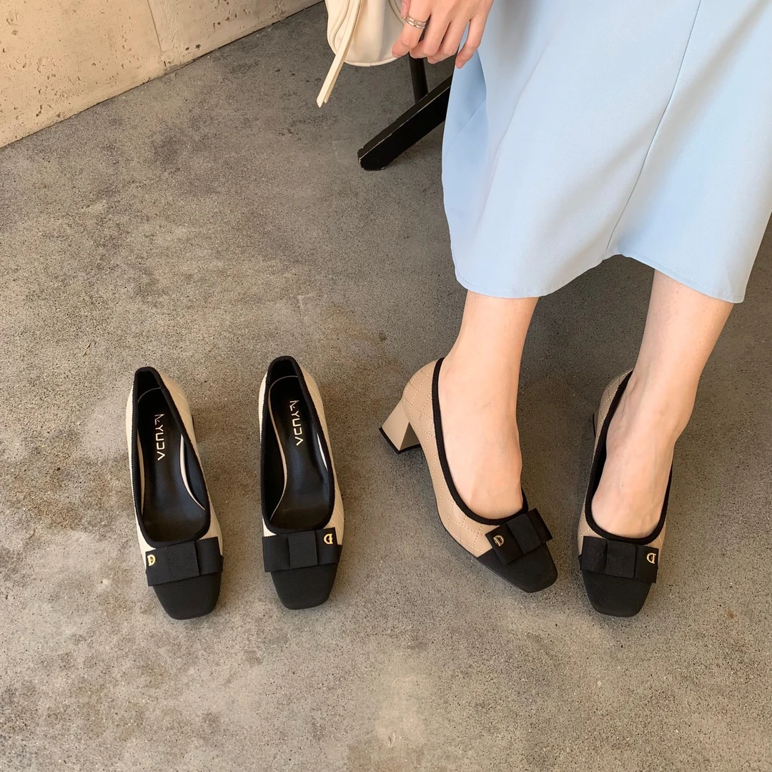 22116（福利～) 法式小香风D扣蝴蝶结方头粗跟气质跟鞋