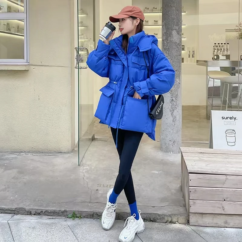 SY05时尚气质潮流百搭韩版冬季连帽收腰克莱因蓝中长款羽绒服外套