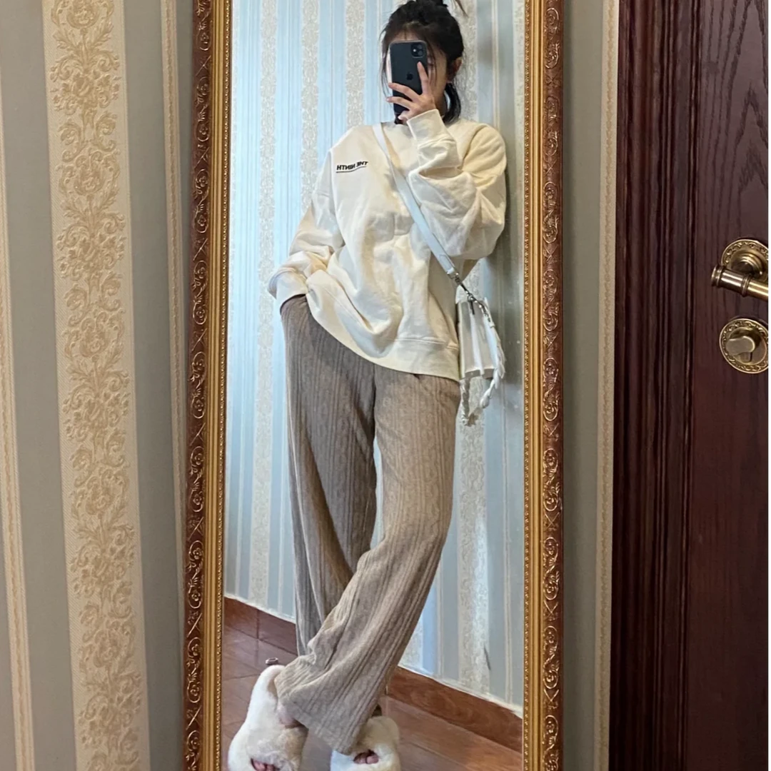 特价冬季8字花针织加厚直筒阔腿女裤加长版拖地显瘦