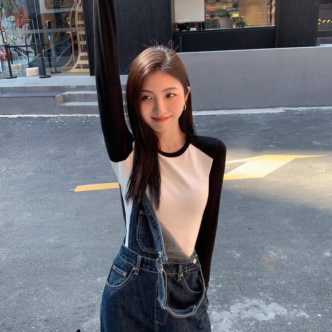 美式T恤撞色拼接长袖t恤女2025新款韩版百搭内搭打底衫插肩袖上衣
