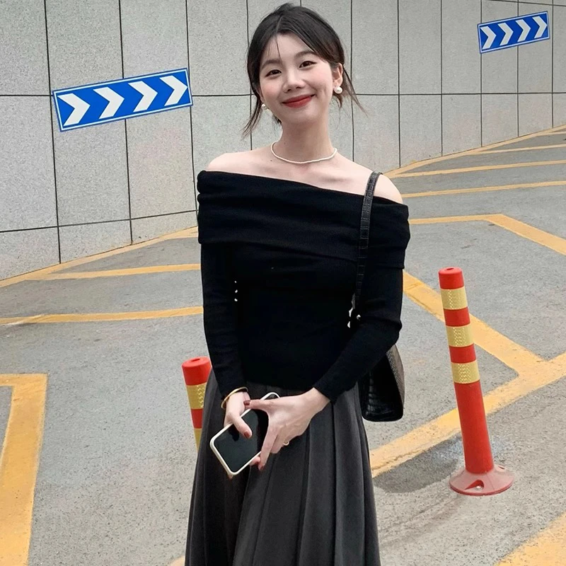 辣妹上衣黑色一字肩女装长袖春秋季高级感气质穿搭2025新款设计感