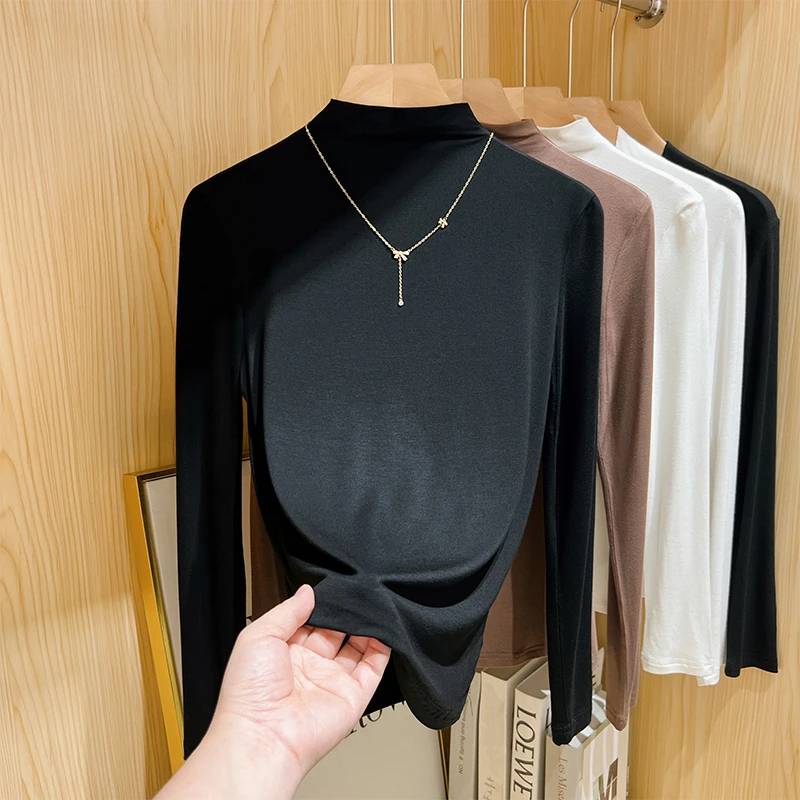 黑色半高领打底衫女内搭人棉长袖T恤基础款上衣春秋冬2025新款