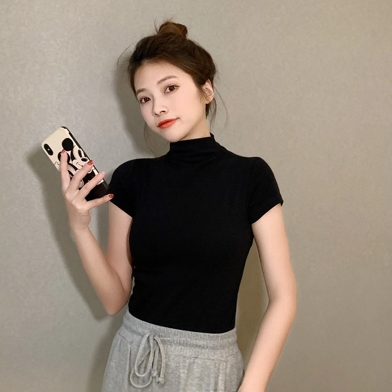 人棉半高领T恤女2025夏季薄款修身百搭短袖百搭黑色半袖上衣