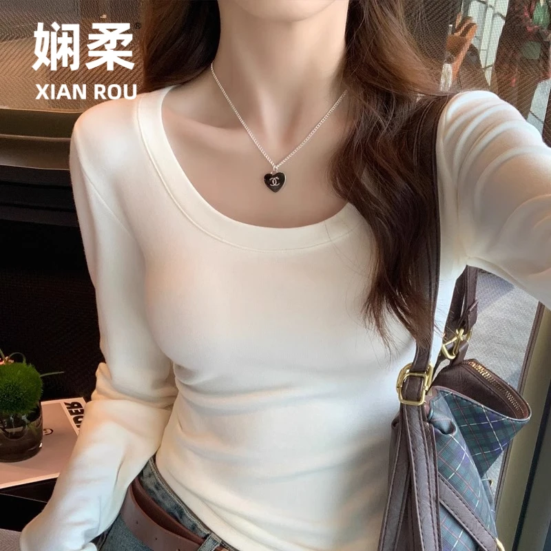 加绒打底衫女2025新款秋冬季内搭修身加厚保暖磨毛t恤灰色u领上衣