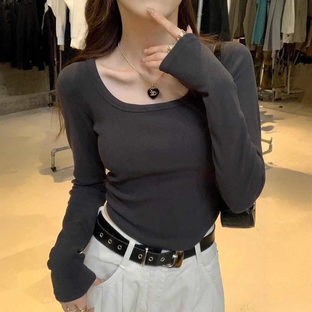 双面德绒打底衫女秋冬新款洋气方领长袖t恤内搭2026新款加绒上衣