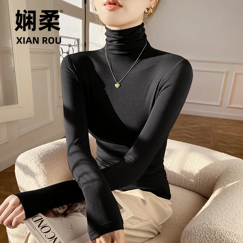 黑色高领人棉打底衫女内搭早春秋冬季修身2026新款长袖堆堆上衣