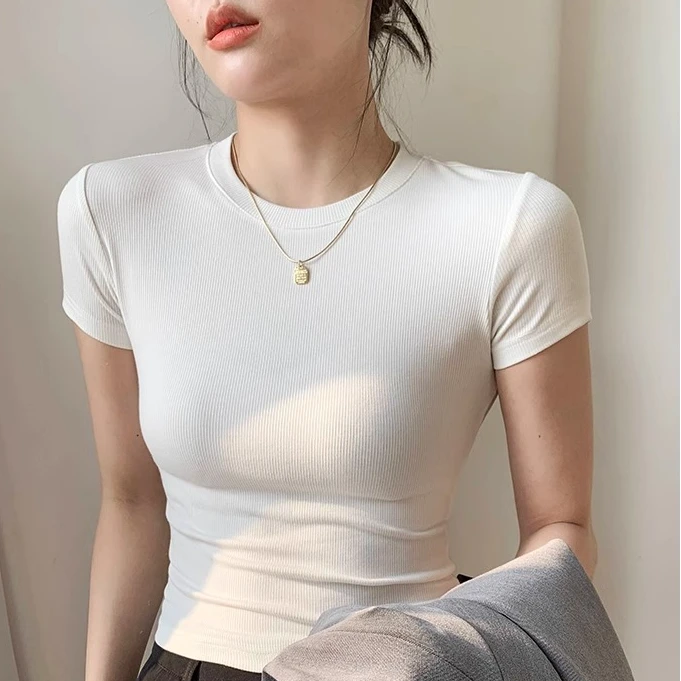 娴柔凉感短袖t恤女夏短款上衣正肩ins体恤修身基础款白色打底衫女
