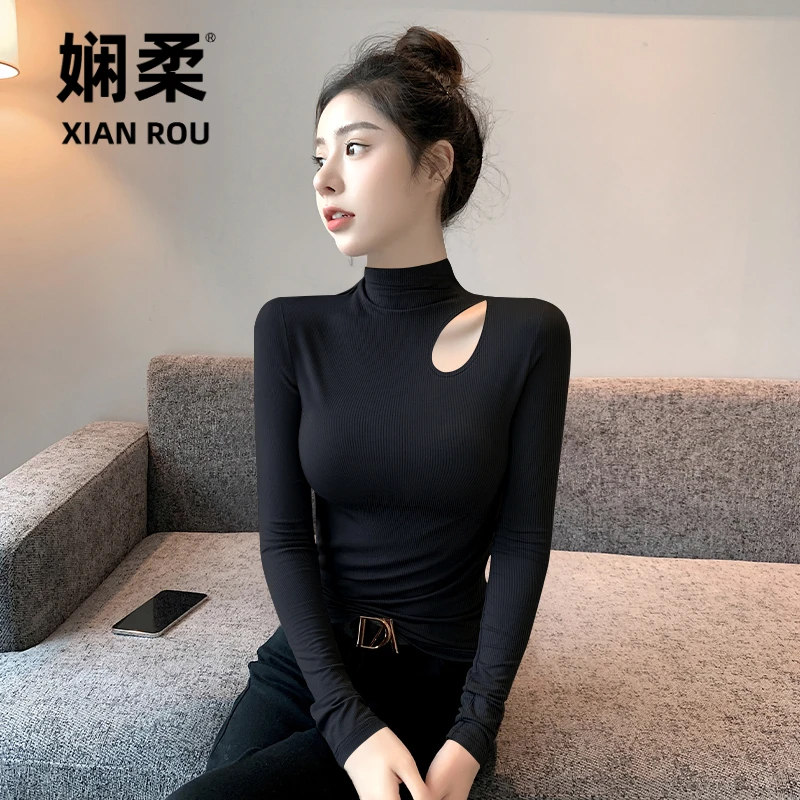 半高领打底衫女镂空长袖t恤秋冬内搭针织高级感黑色螺纹上衣新款