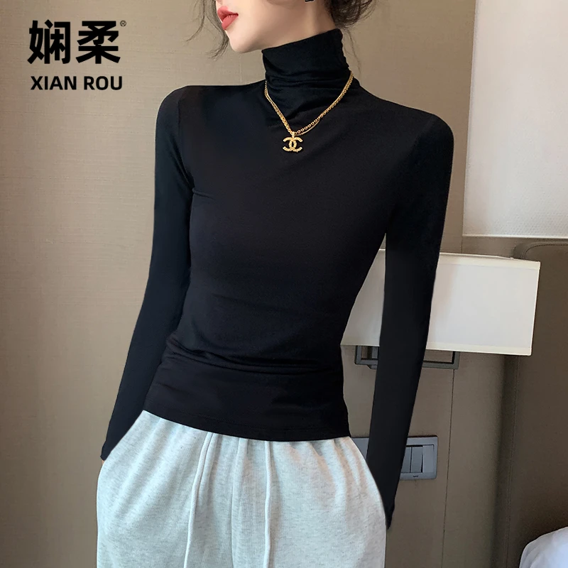 黑色人棉高领打底衫女内搭2025春秋冬新款洋气长袖T恤堆领上衣