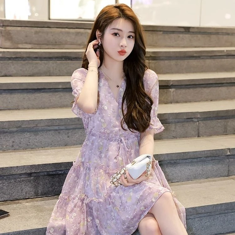 连衣裙女夏2023年新款小个子高端设计感气质收腰雪纺茶歇碎花裙子