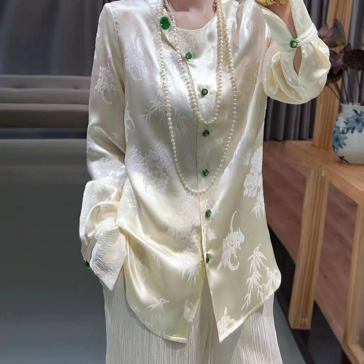 中国风盘扣仿桑蚕丝衬衫女时尚显瘦气质唐装圆领长袖仿真丝上衣女