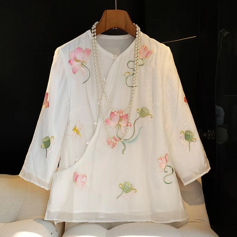 中式国风斜襟盘扣复古上衣女2023夏季新款高级感时尚花朵刺绣衬衣