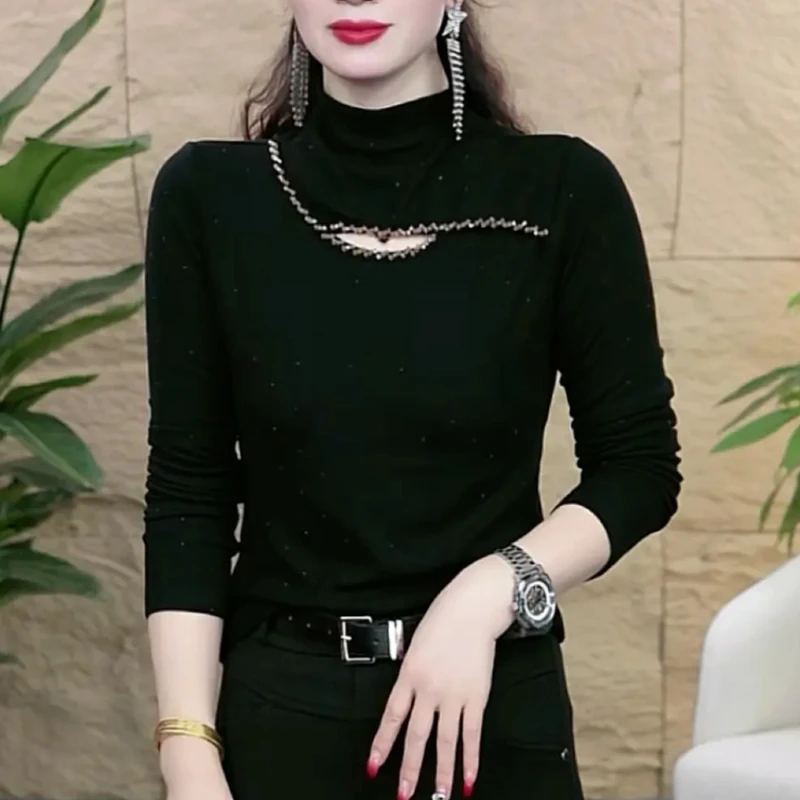 2024秋冬新款女人味时尚百搭烫钻镂空半高领显瘦加绒小衫#7536