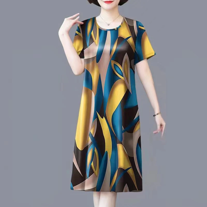 中老年妈妈裙2024春夏季新款时尚宽松遮肚连衣裙女冰丝宽松中长款