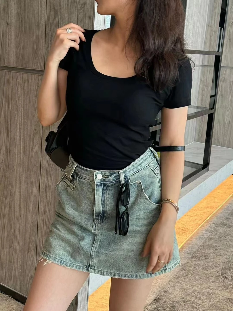 Amarilli 时尚高腰 复古蓝A字裙