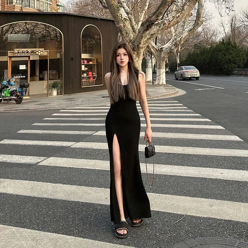 包臀裙长款黑色纯欲辣妹吊带连衣裙女夏御姐风后妈开叉背心长裙子