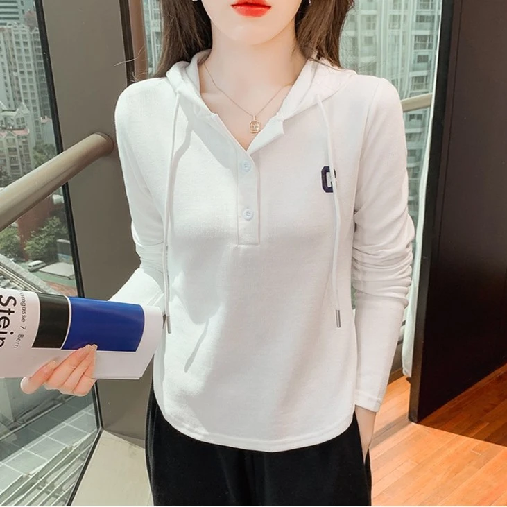 小个子休闲字母长袖连帽卫衣女2023春秋新款修身打底短款显瘦上衣
