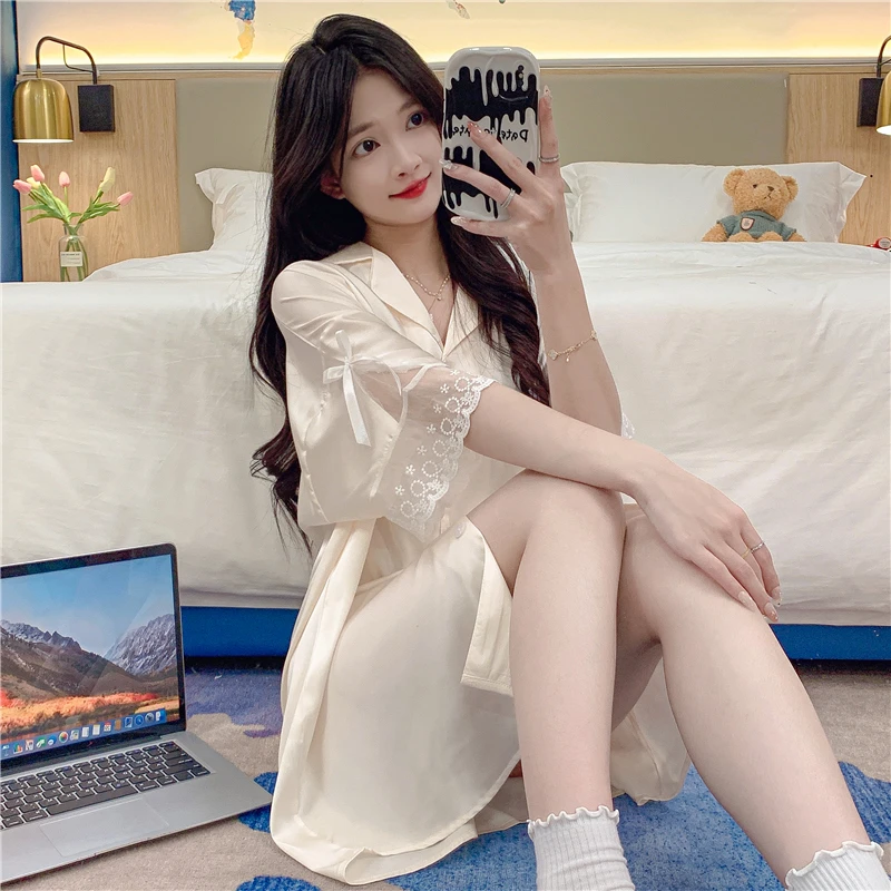短袖睡裙女夏季睡衣冰雪丝2024新款甜美公主风蕾丝蝴蝶结薄家居服