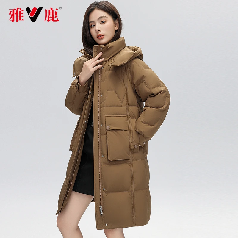 【甄选】雅鹿羽绒服女中长款2023冬季新款可拆卸帽宽松保暖外套9280