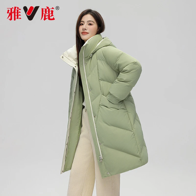 V/雅鹿【品牌奥莱】新款羽绒服女士中长款连帽宽松显瘦撞色冬季外套