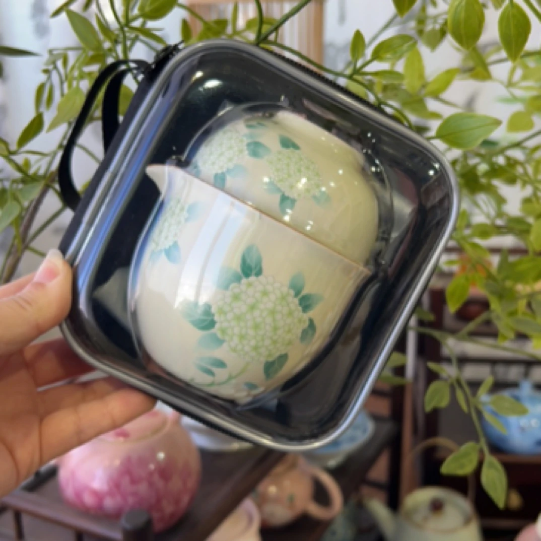 陶栖绣球花汝窑旅行茶具户外便携快客杯套装