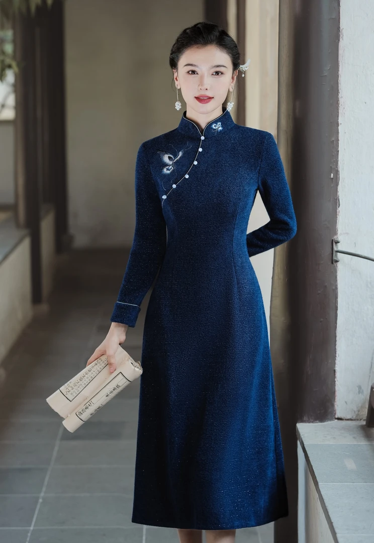 蝴舞 冬款日常显瘦气质优雅奥黛改良中国风旗袍复古长袖修身加厚