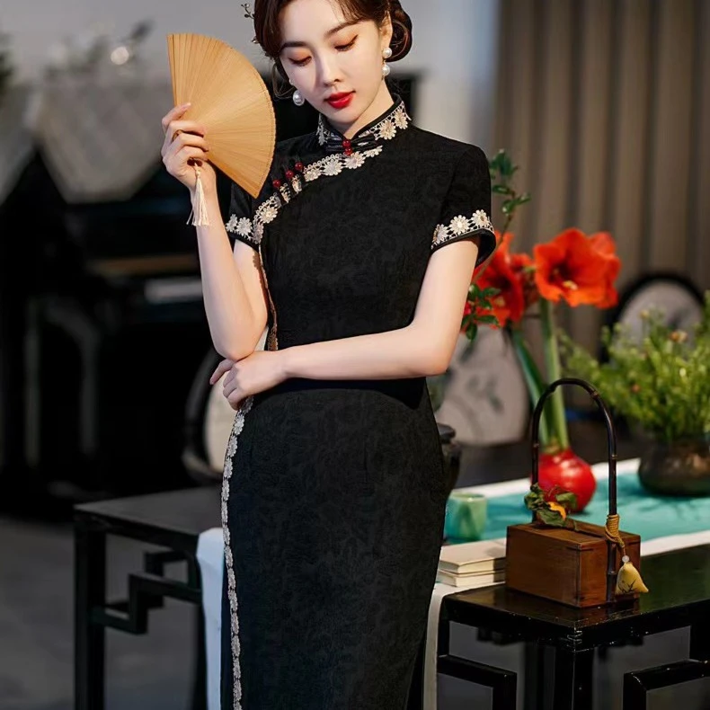 归鸟 提花蕾丝包边长款旗袍优雅黑色复古日常修身显瘦气质中国风