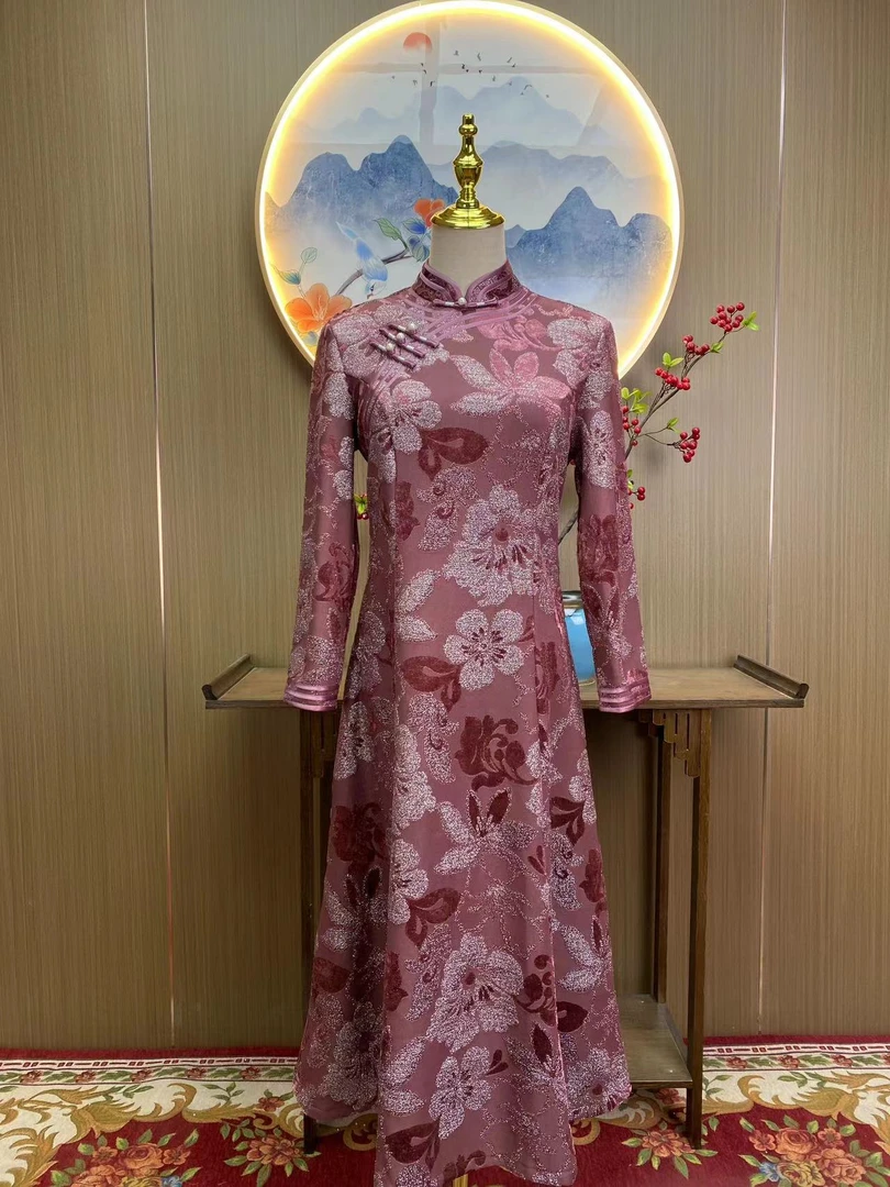 羽扇 复古粉色长袖保暖显瘦改良旗袍裙秋冬