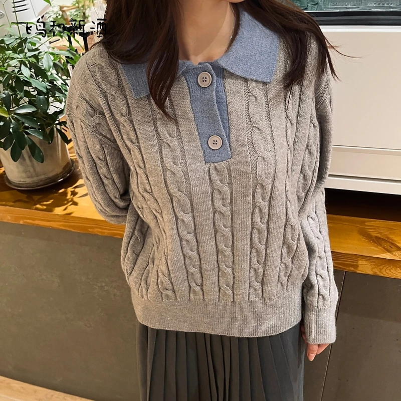 飞鸟和新酒撞色套头衫女装2023冬季新款温柔风复古毛衣FD37003084