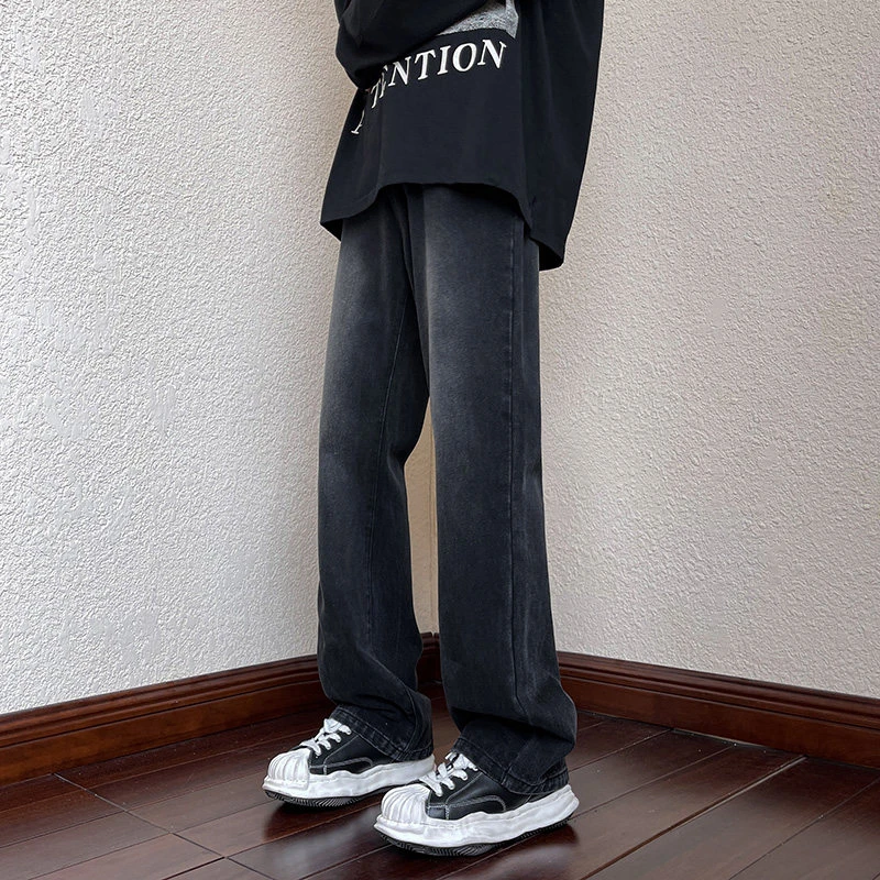 美式微喇复古休闲裤子男士高街宽松百搭直筒黑色牛仔长裤秋季