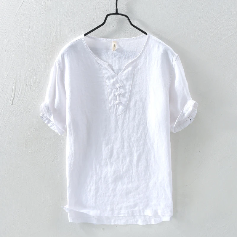 2024夏季男衬衫新款V领亚麻短袖小立领男款纯色宽松麻料衬衣男