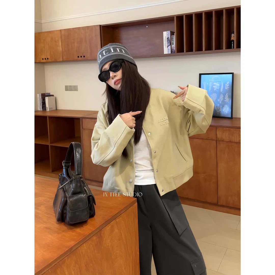 张桶桶QC【茶松可可】卡其色棒球外套宽松韩系街头秋 ZXD01544