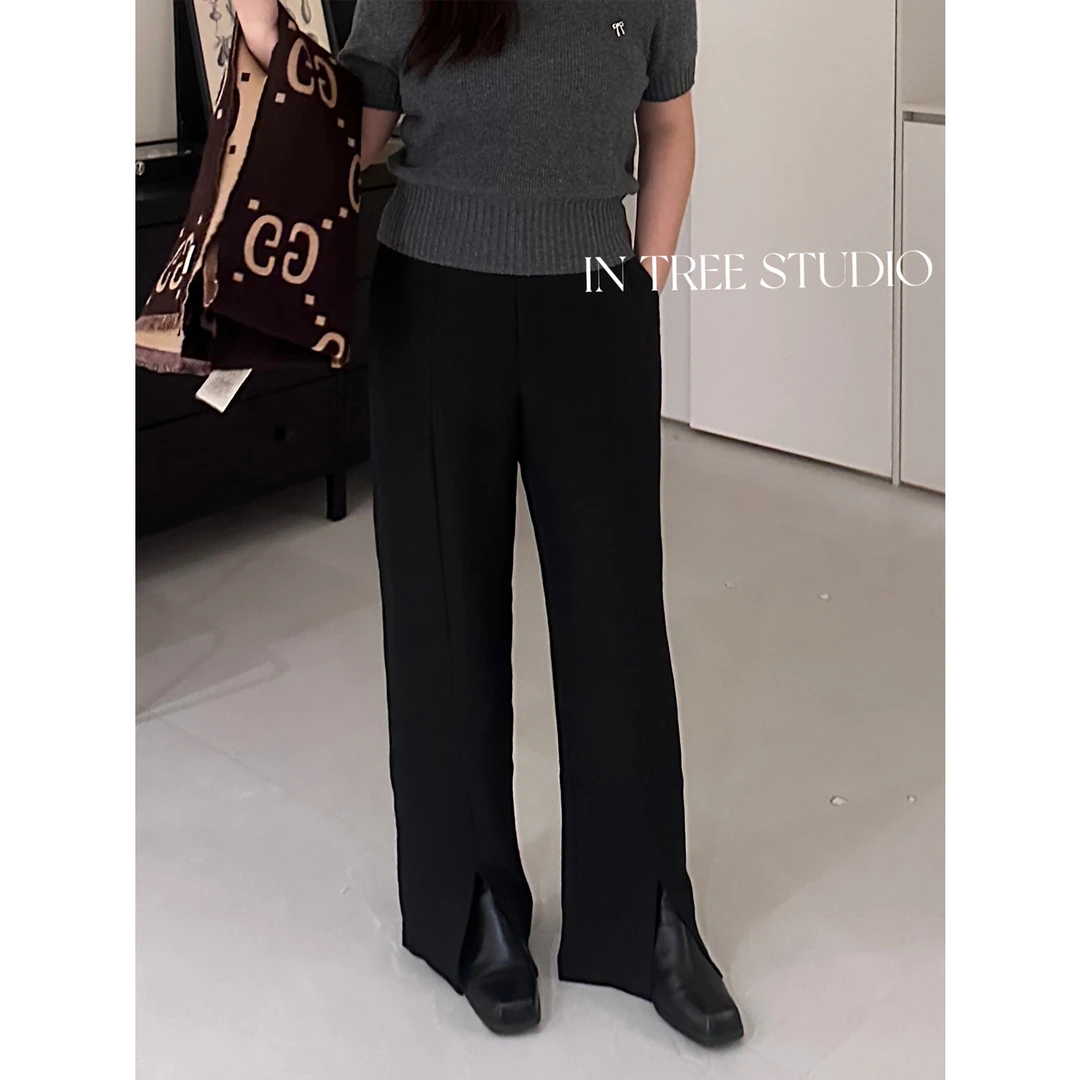 张桶桶QC【长腿天菜】显瘦黑色长裤开衩西装裤百搭街头ZXD0622