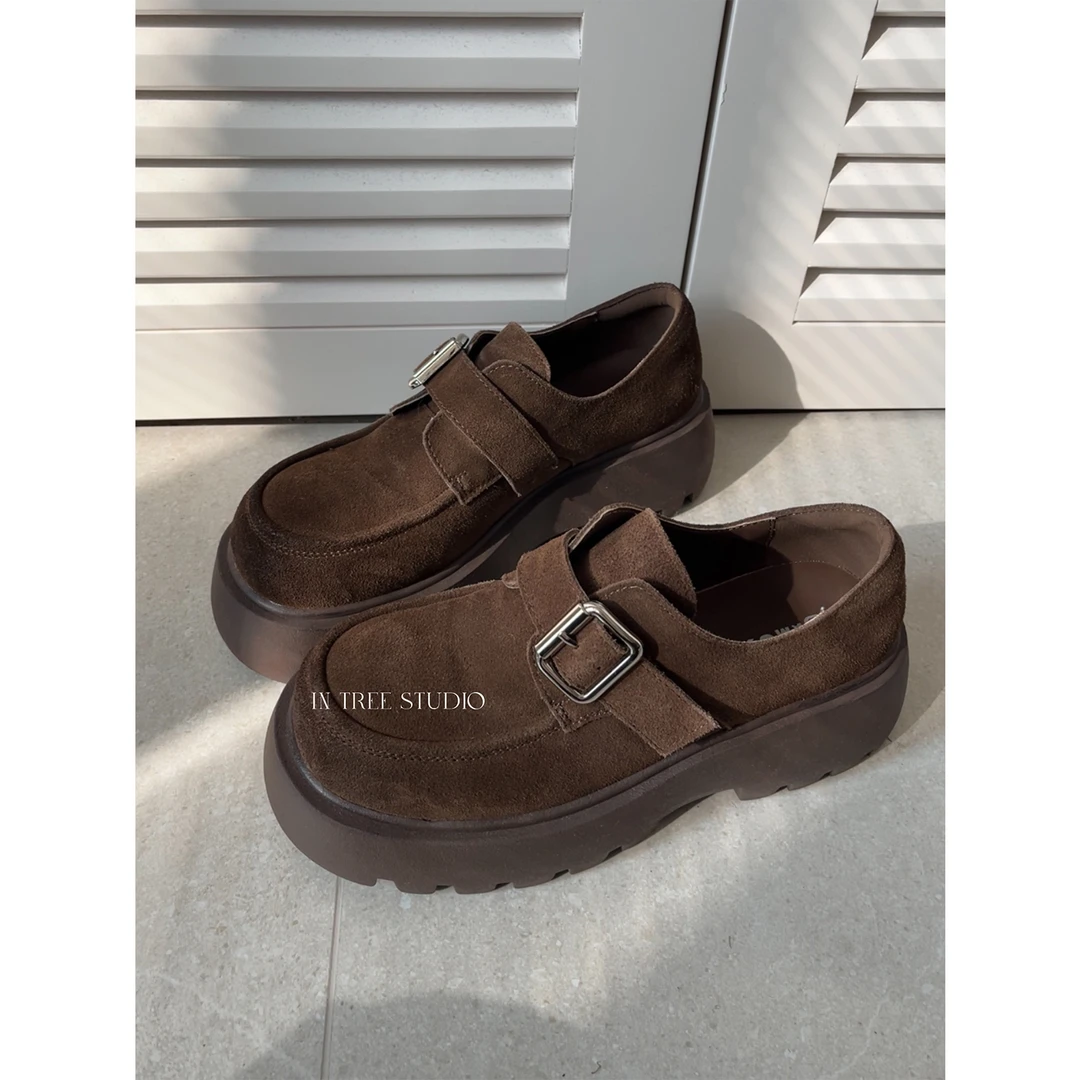 InTree张桶桶【温暖壁炉】复古乐福鞋厚底金属扣一脚蹬皮鞋 ZX00028