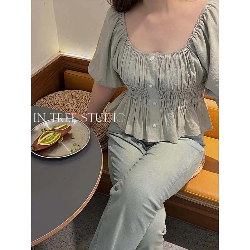 张桶桶QC【绿豆糕】灰豆绿色小衫短袖 ZXL0620