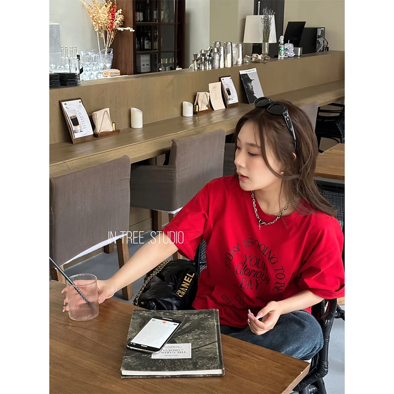 张桶桶 QC【波尔多红】T恤时尚休闲百搭街头女装 ZXL0422