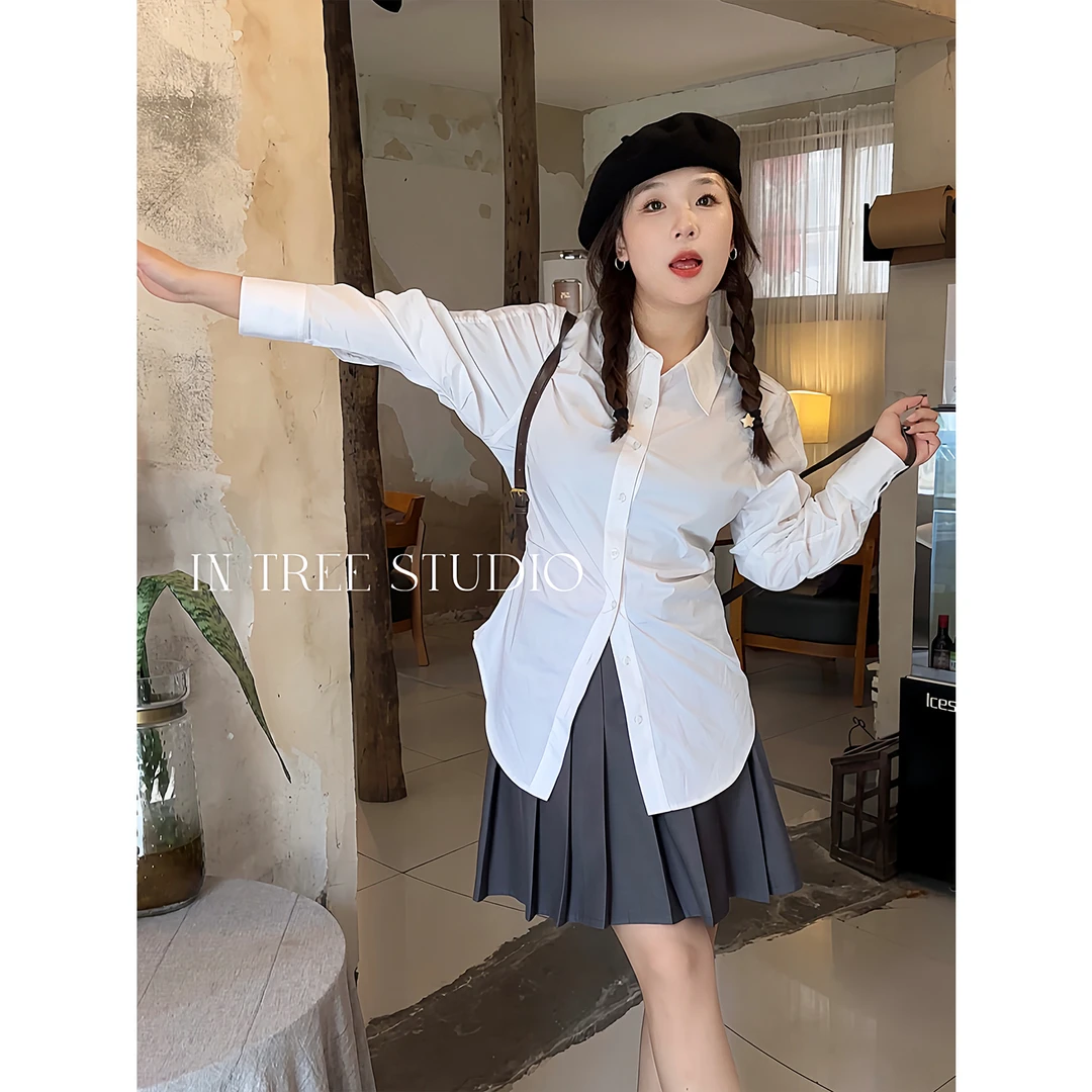 现货| 张桶桶【优雅弧度】白色衬衫修身长袖百搭衬衣透气 ZXD0764