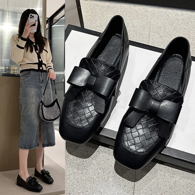 【宠粉专属】法式低跟单鞋女秋季新款黑色百搭蝴蝶结粗跟小皮鞋