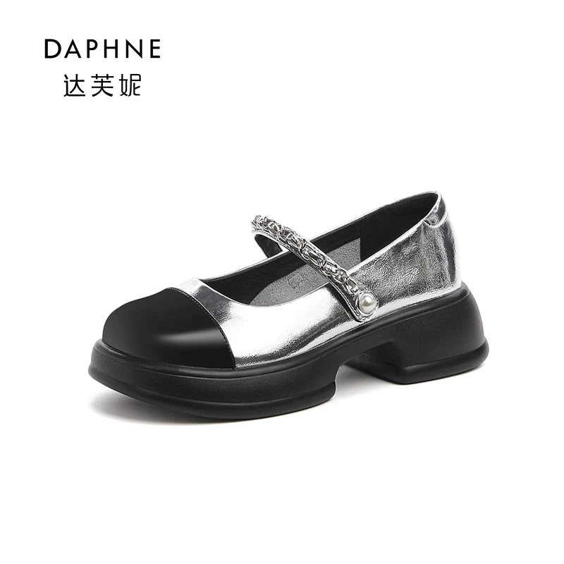 Daphne/达芙妮拼接玛丽珍鞋女新款时尚粗跟厚底单鞋高跟鞋