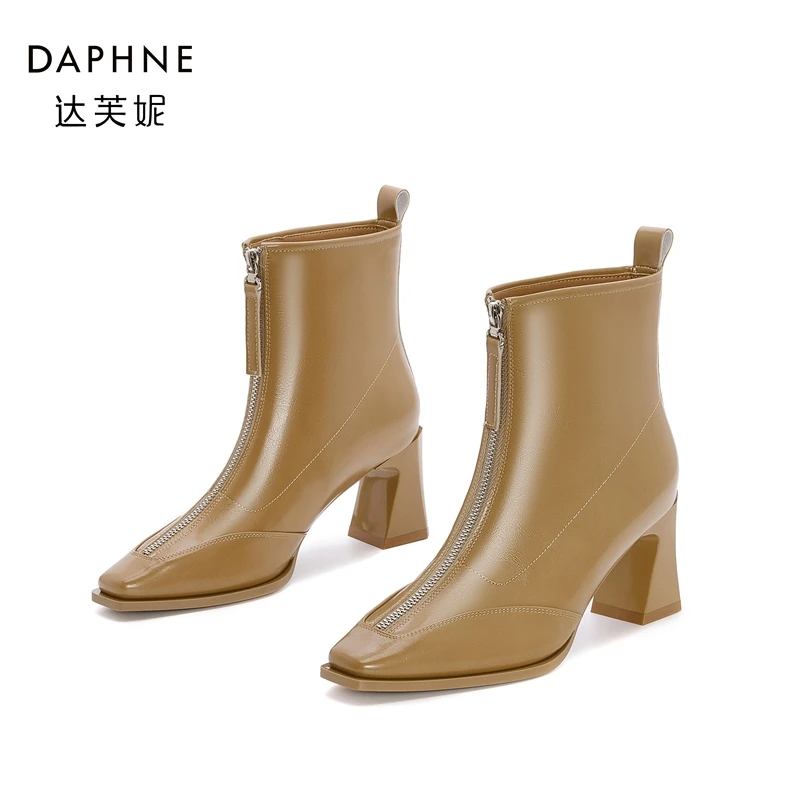 Daphne/达芙妮前拉链时装靴女2024年新款方头粗跟单靴时尚小短靴