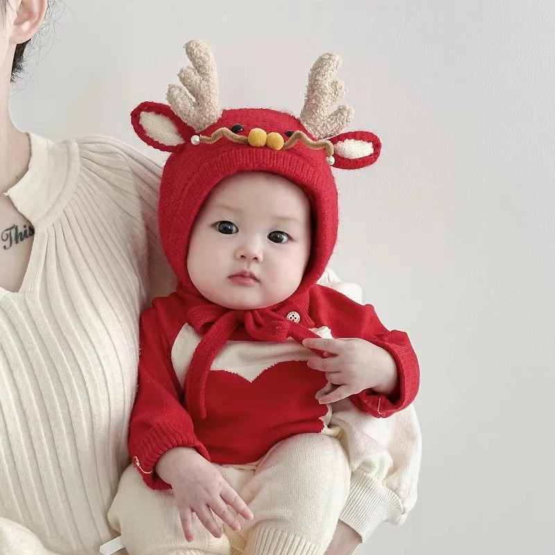 婴儿帽子秋冬款小月龄护耳龙角毛线帽男女宝宝冬季超萌保暖针织帽