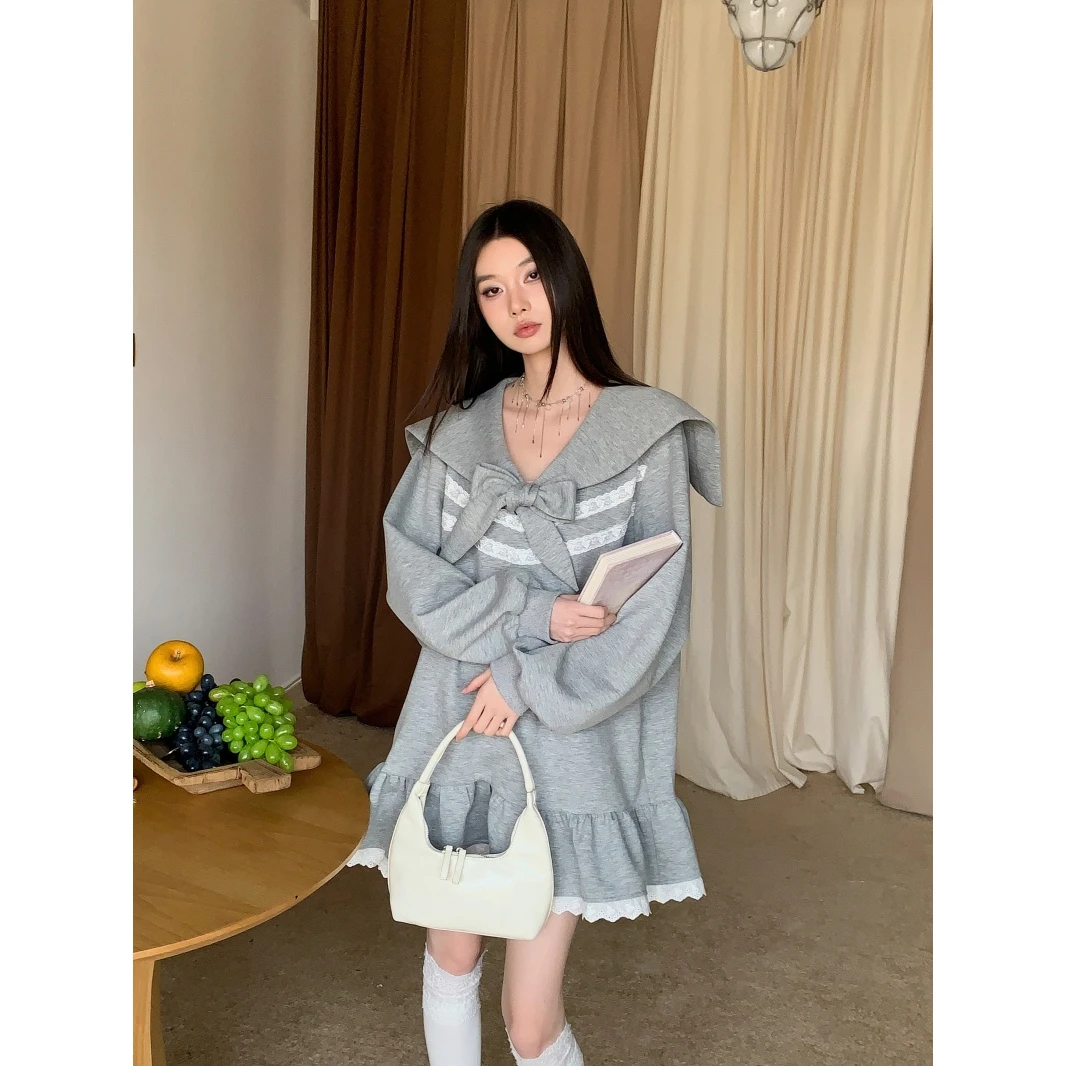 MOONSEE美式辣妹水手领蝴蝶结绑带卫衣裙女秋蕾丝下摆短款连衣裙