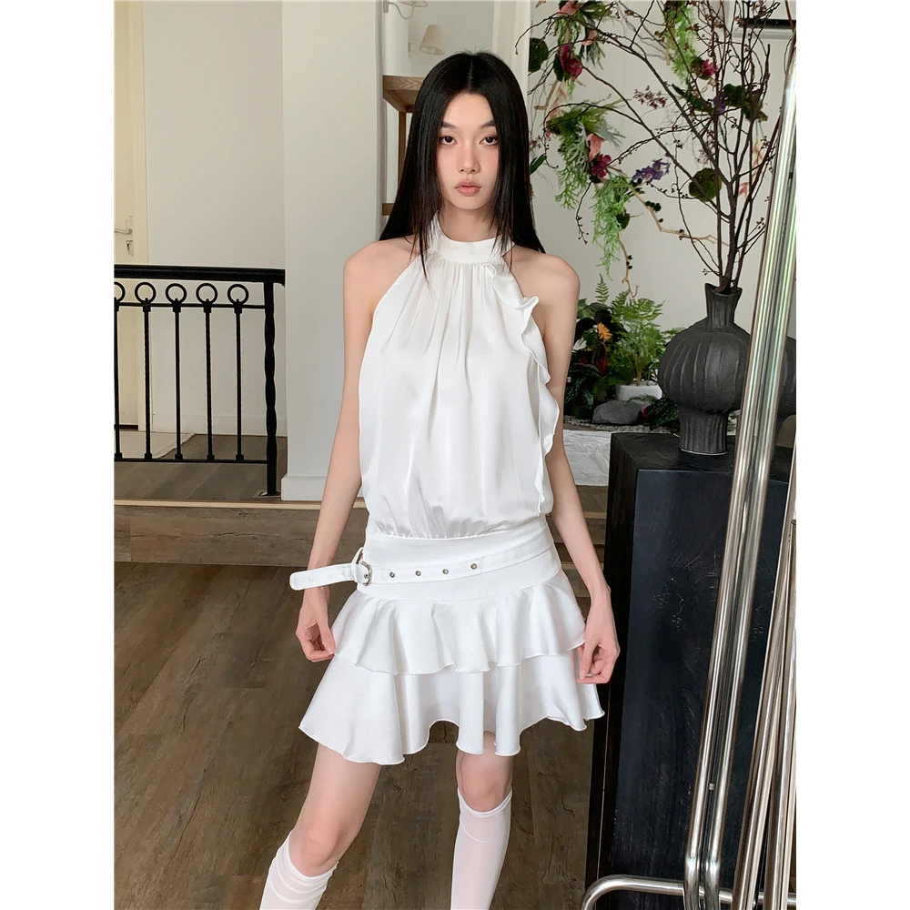 MOONSEE白月光锻面露肩挂脖连衣裙女夏季纯欲气质荷叶边蓬蓬短裙
