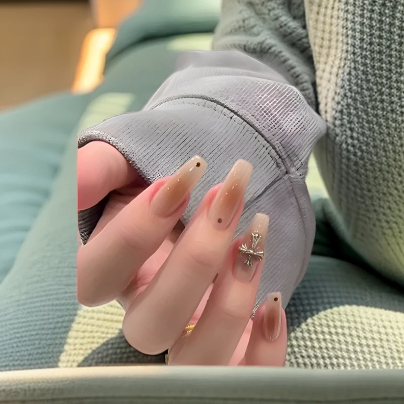 纯手工穿戴甲中长款辣妹腮棕美甲腮红渐变克罗心美甲中长款法式