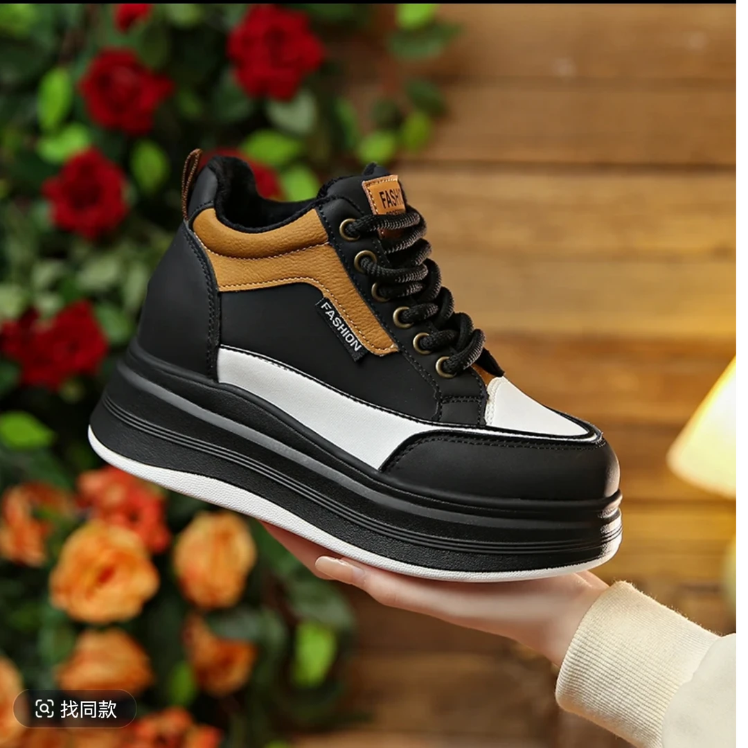 内增高女鞋2024秋冬新款松糕底小个子女鞋高帮加绒休闲运动板鞋