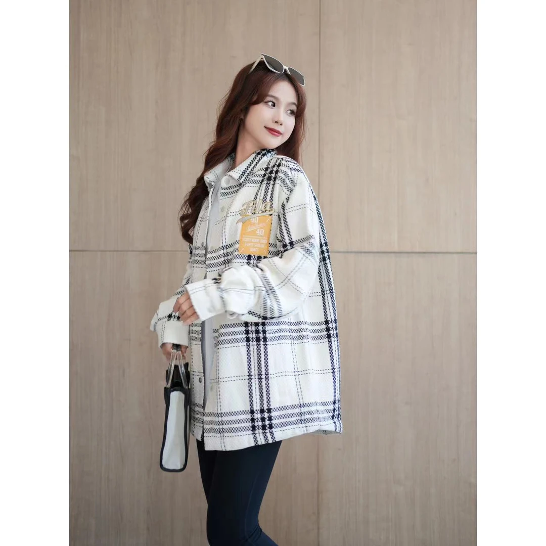 FILA斐乐潮牌情侣梭织长袖衬衫春秋宽松保暖格子外套T11M312402