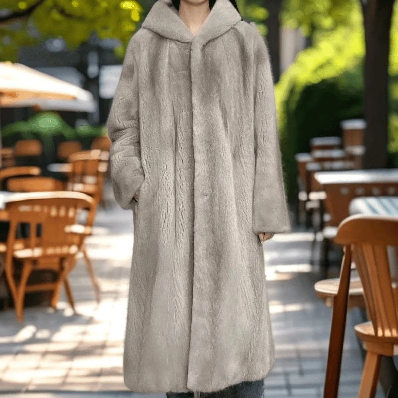 秋冬时尚纯色水貂带帽防风束口袖水貂外套女款1043