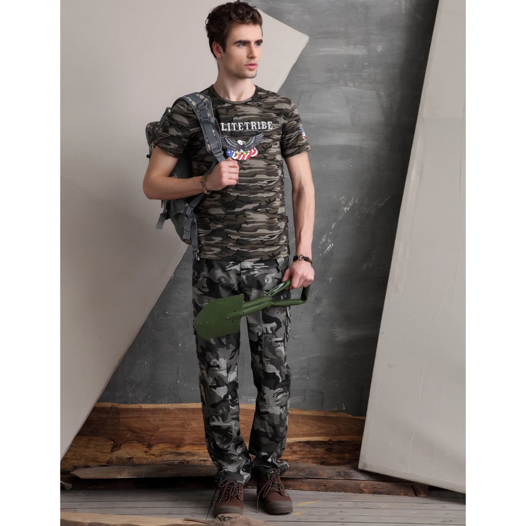【断码清仓】棉麻户外多袋弹力男裤军训耐磨修身迷彩裤户外直筒工